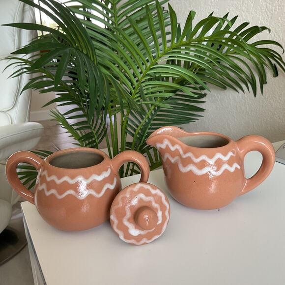 MCM Glidden Pottery Sugar Bowl and Cream Pitcher 143 and 144 Brown and White - Picture 1 of 16